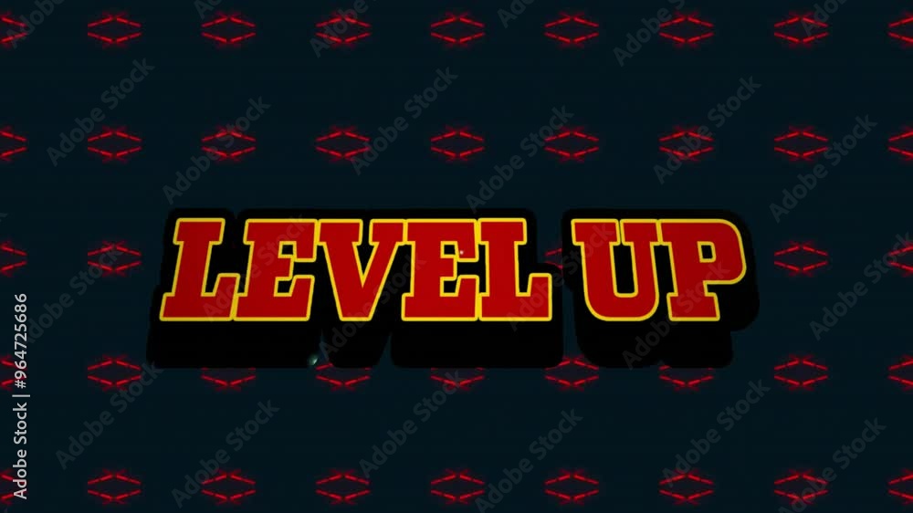 Poster animation of level up text over pattern on black background