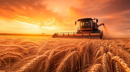 Fototapeta premium Harvesting Wheat at Sunset