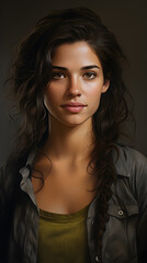Naklejka premium A stunning portrait of a young woman with wild hair and rustic wear, gazing thoughtfully ahead. Her gaze adds depth, reflecting resilience and natural beauty.
