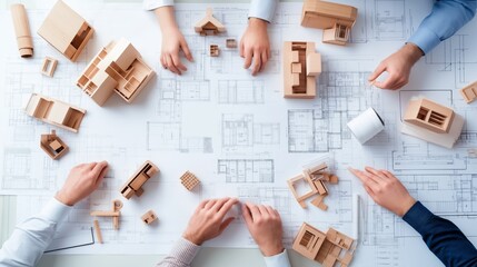 architects collaborating over blueprint in a meeting, teamwork and planning concept