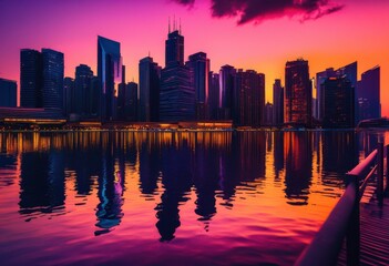 Obraz premium striking bold skyline silhouettes set vibrant sunset rich hues purple creating dramatic evening sky, artwork, urban, cityscape, twilight, colors, orange, pink