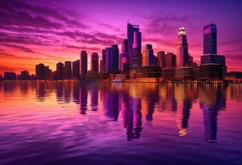 Fototapeta premium stunning vibrant cityscapes dusk featuring shimmering reflections illuminated colorful sky, architecture, buildings, citylife, coastline, colors, cultural