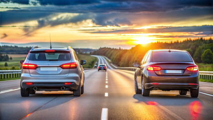 Two Cars Pulled Over on Highway Shoulder After Collision with Hazard Lights Flashing, Clear Skies and Distant Traffic