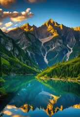 Obraz premium stunning mountain range reflected serene lake surrounded lush greenery clear blue sky, alpine, adventure, altitude, background, beauty, breathtaking