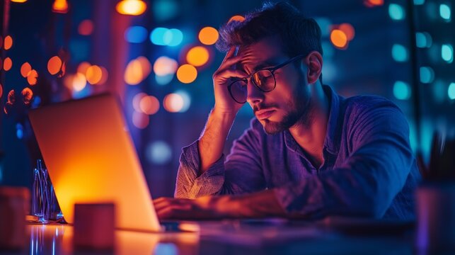 man with hand on forehead feeling stressed while working late on laptop. corporate environment, night work