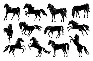 Horse silhouette. Black and white rearing stallion, wild mustang. Equestrian animal race, farm speed. Mustang jumping running, trotting. Vector icon, logo isolated illustration set