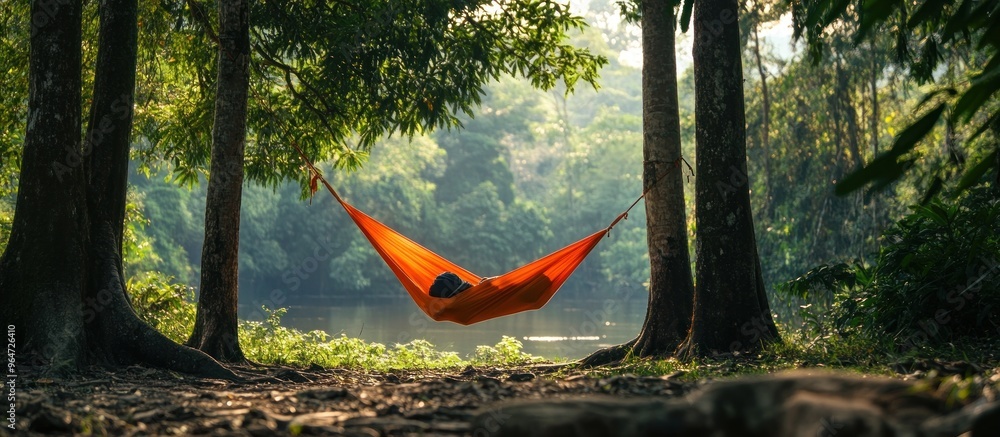 Sticker relaxing in a hammock by the river