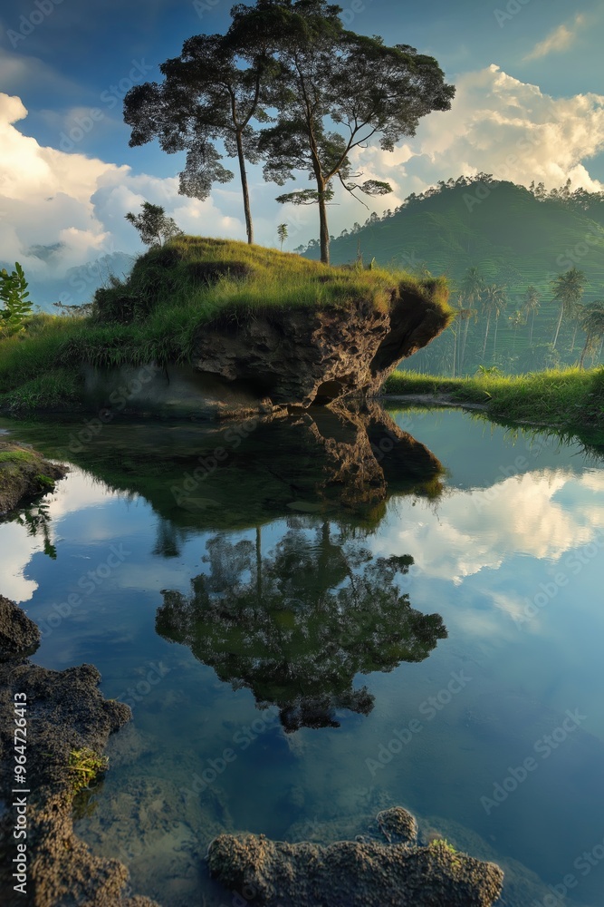 Poster a small tree is reflected in the water of a pond. the image has a peaceful and serene mood, with the