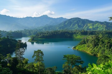 A beautiful lake surrounded by trees and mountains. The water is calm and clear, reflecting the sky above. The scene is peaceful and serene
