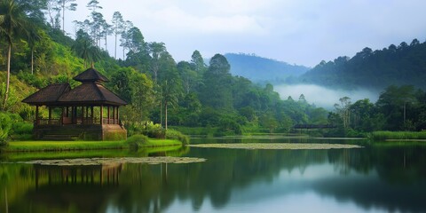 Obraz premium A serene lake with a small wooden pavilion and a forest in the background. The atmosphere is peaceful and calming