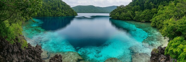 Fototapeta premium A beautiful blue lake with a green forest in the background. The water is calm and clear, reflecting the trees and sky