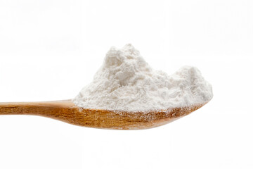 Wheat Starch on Wooden Spoon - Close-Up, Isolated on White Background