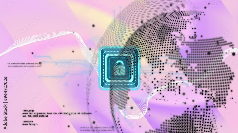 Poster animation of network of connections and padlock icon over globe
