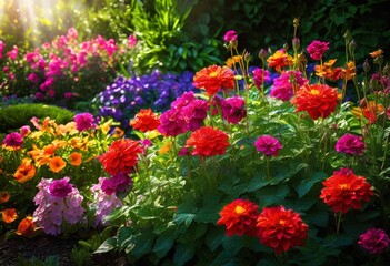 vibrant flower beds surrounded lush greenery creating colorful inviting natural landscape, bloom, blossoms, petals, flora, garden, plants, leaves, beauty