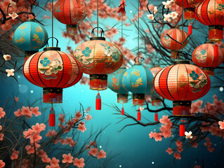 Fototapeta premium Beautifully decorated lanterns hanging amidst blooming branches, set against a serene blue background, evoking a sense of celebration and cultural vibrancy in spring.