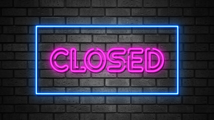 Neon Closed Sign on Brick Wall, Vibrant Nighttime Display	

