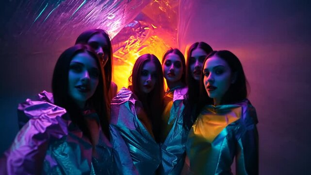 Dance Music EDM Background of Women in Metallic Outfits Posing in Colorful Neon Light Generative AI