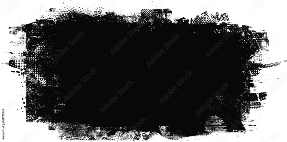 Poster banner with grunge textured rough edges and halftone dots, scratches, brush strokes, noise and print