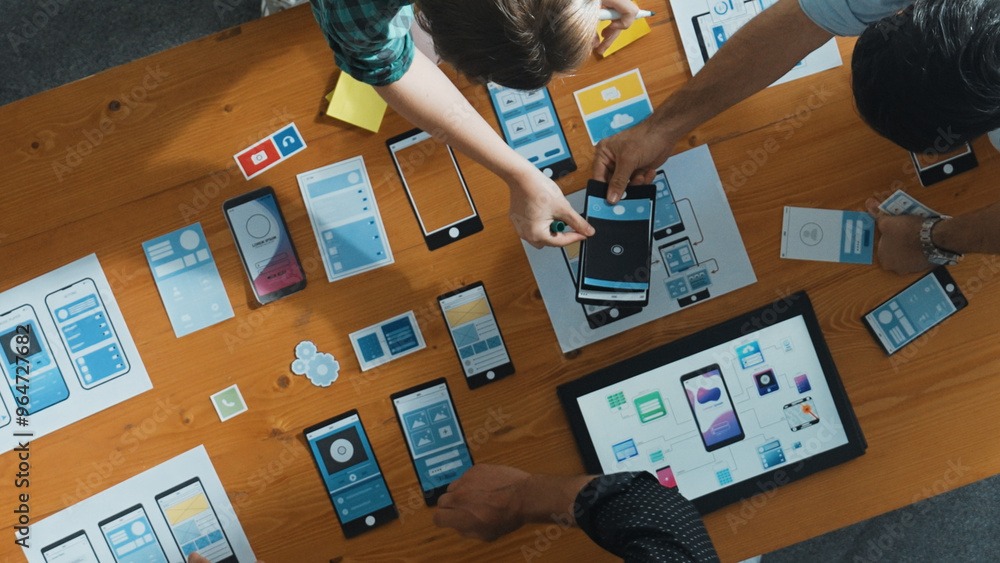 Poster top view of smart ui designer brainstorming and planning about ux uo design or mobile interface wire
