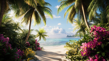 Fototapeta premium A tropical beach surrounded by palm trees and vibrant flowers on a sunny day near clear blue waters