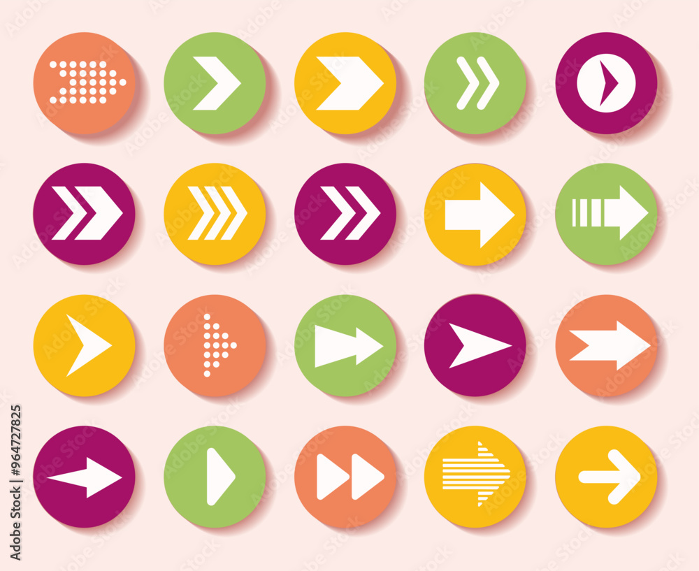 Poster Arrow icons. Next up. Back and top signpost for website. Minimal previous and new cursor. Navigation location pin. Circle simple symbol. Turn button. Way pointer. Vector pictograms set