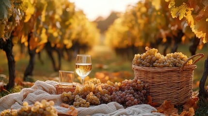  cozy picnic scene in a vineyard, featuring baskets of fresh grapes, wine, and blankets under the warm autumn sun, capturing the harvest season.