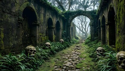 Obraz premium A winding path lined with skulls, surrounded by lush, moss-covered trees creating an eerie atmosphere.