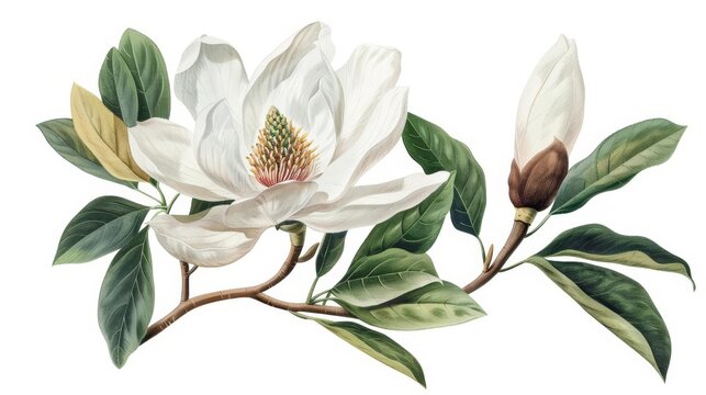 Fototapeta vintage botanical illustration of magnolia flower isolated on white background digital painting