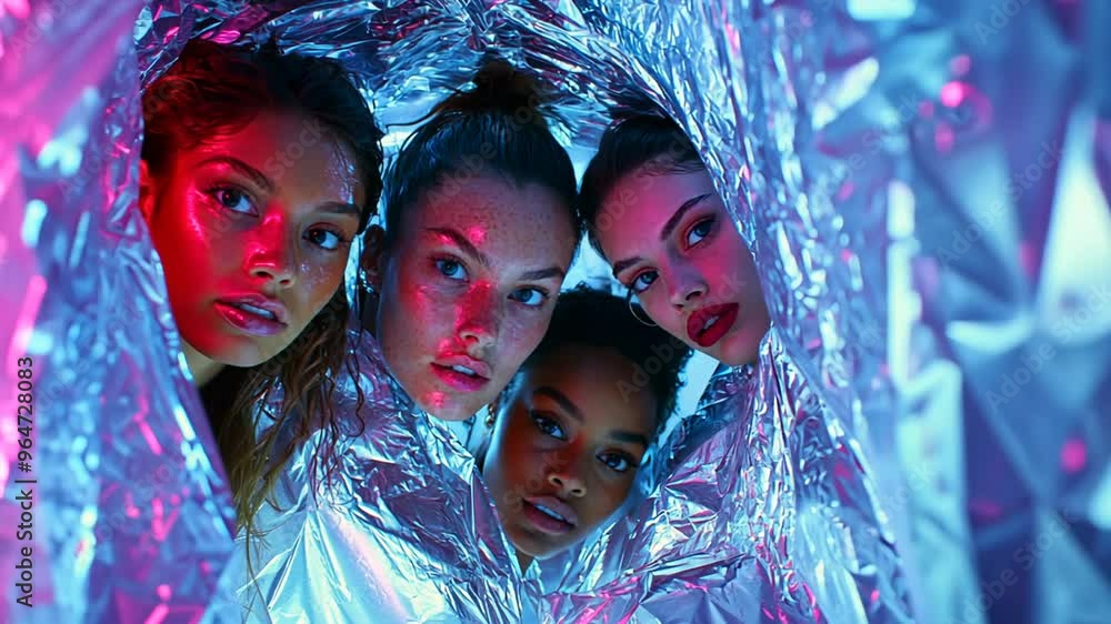 Poster four diverse models pose in reflective tunnel with vibrant lighting generative ai