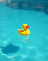 A single yellow rubber duck floats in the center of a bright blue swimming pool, casting a soft shadow on the water
