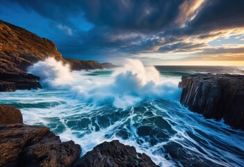 Obraz premium dynamic ocean waves crashing powerfully rugged rocky shoreline creating dramatic sea spray vibrant blue water contrast, landscape, coast, marine, foam, texture