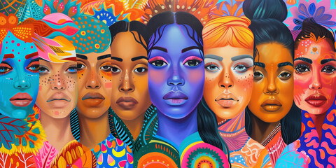 Obraz premium Various faces of feminine women from many different ethnicity creating an atmosphere of purity and balance that radiates positivity and diversity. Filled with a stack of mixed bright colors.