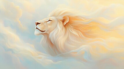 A lion with a long mane is blowing its hair in the wind