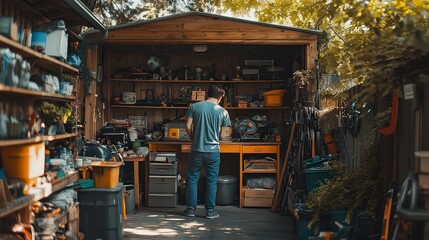  Man organizing tools and equipment in a well-stocked backyard shed, preparing for upcoming DIY projects or repairs in a sunny afternoon.
