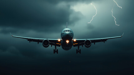 A commercial airplane flying directly towards the camera against a dark, stormy sky with visible lightning in the background.