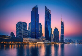 Fototapeta premium stunning twilight city skyline illuminated vibrant lights showcasing modern architecture urban beauty, buildings, cityscape, colorful, contemporary, downtown