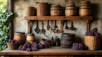 Fototapeta premium Display of vintage grape harvest tools, including wooden baskets, shears, and presses, artfully arranged in a vineyard setting with soft light enhancing the rustic and traditional atmosphere.