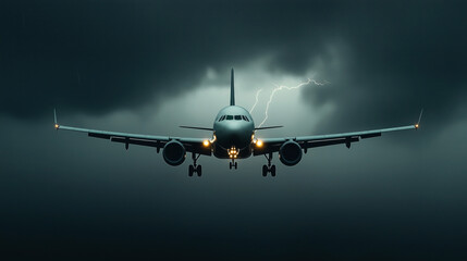 A commercial airplane approaches, flying directly towards the camera against a dark stormy sky with visible lightning in the background. The aircraft's lights shine brightly.