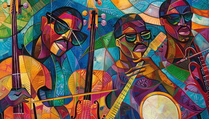 Obraz premium Vivid painting of a jazz band, musicians with different music tools in suits playing musical instruments like guitar, bass, harmonica, piano and drums on a stage performing their songs at a concert.