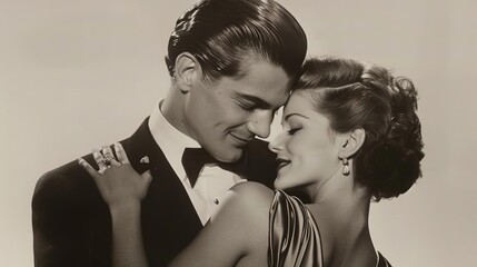 vintage couple in passionate embrace slickedback sophistication evening gown romance