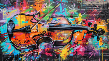 Vibrant design style, musical instrument graffiti art, violin with music notes and vibrant colors, urban street mural, digital painting, detailed texture, urban background