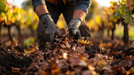 Obraz premium Worker gathers autumn leaves in a vineyard, preparing the soil for the next growing season, showcasing sustainable vineyard practices.