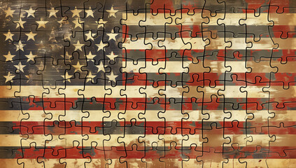 Jigsaw puzzle of the American flag with stars and stripes. Symbol of the united states of america representing the emblem connection, patriotism and freedom
