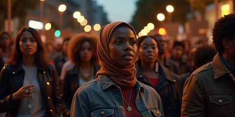 Fototapeta premium A determined young woman wearing a hijab leads a peaceful protest in a city street