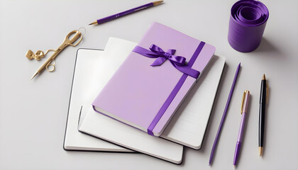 A purple notebook with a purple pen on a white background