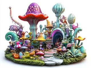Fototapeta premium Fantasy mushroom village with whimsical plants and vibrant colors, perfect for a magical and imaginative scene.