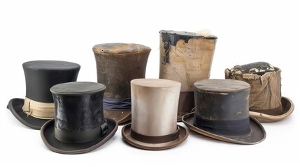 vintage elegance assorted antique top hats isolated on white cut out