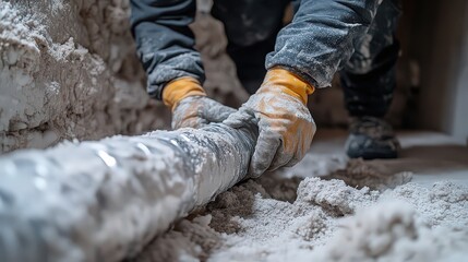  Worker repairs pipe in dusty environment, carefully restoring infrastructure to ensure safe and functional plumbing system.