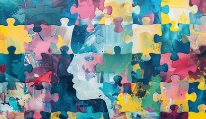 Puzzle featuring colorful pieces that form the silhouette of an adult head. Representing mental health, identity, and the complexity of the human mind.