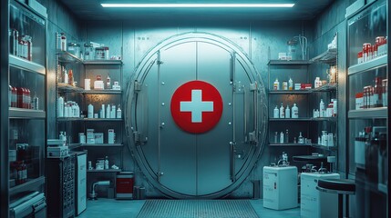 Secure medical vault filled with supplies, symbolizing high-level storage for pharmaceuticals and emergency medicine.
